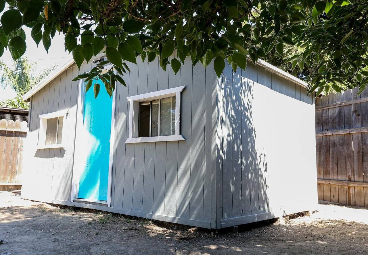 Backyard work shed with turquoise door